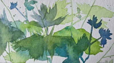 Aquarellbild einer Pfingstrose in expressiven Grüntönen